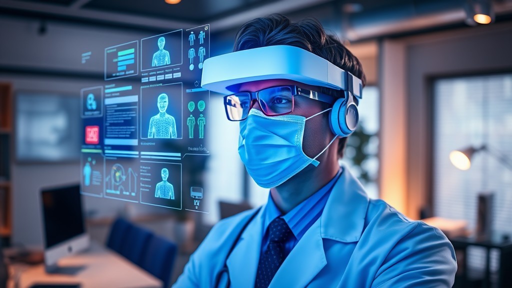 Doctor using AR glasses for remote consultation with holographic patient data