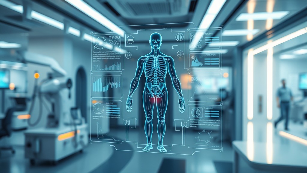 Futuristic medical technology concept with holographic interface and 3D anatomy visualization