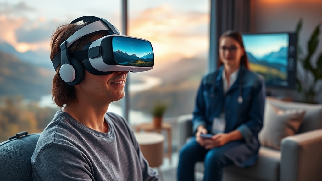 Patient using VR headset for mental health therapy in a calming environment