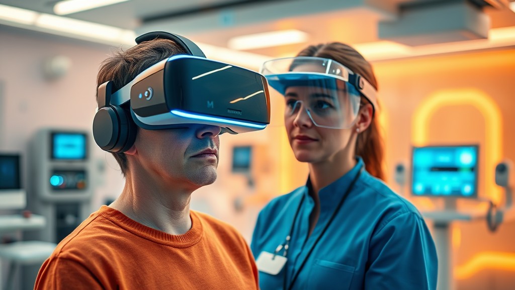 Patient using VR headset for physical therapy in a modern clinic